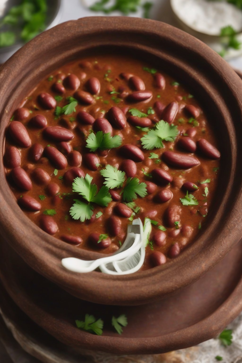 A high-resolution photo of steaming Punjabi rajma masala in a clay bowl, garnished with cilantro, under soft lighting.