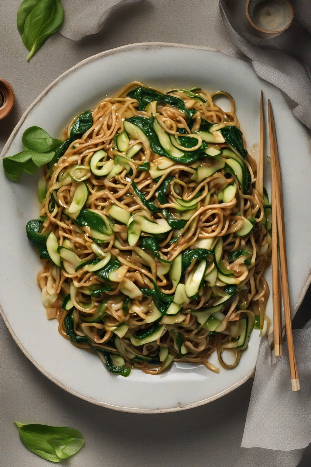 A high-resolution photo of zucchini and spinach lo mein with green ribbons and glossy sauce under soft lighting.