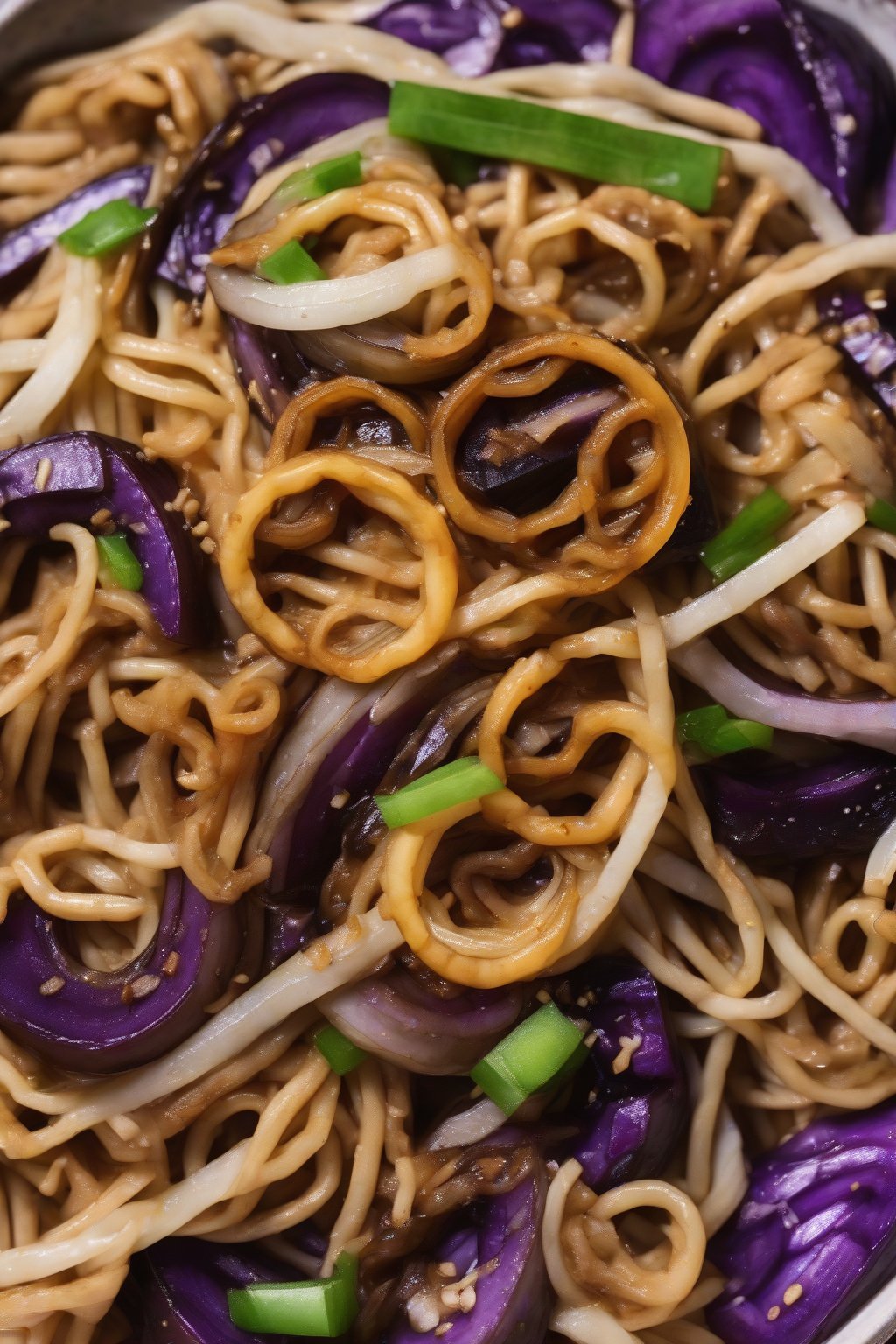 A high-resolution photo of eggplant and onion lo mein with purple cubes and caramelized rings under soft lighting.