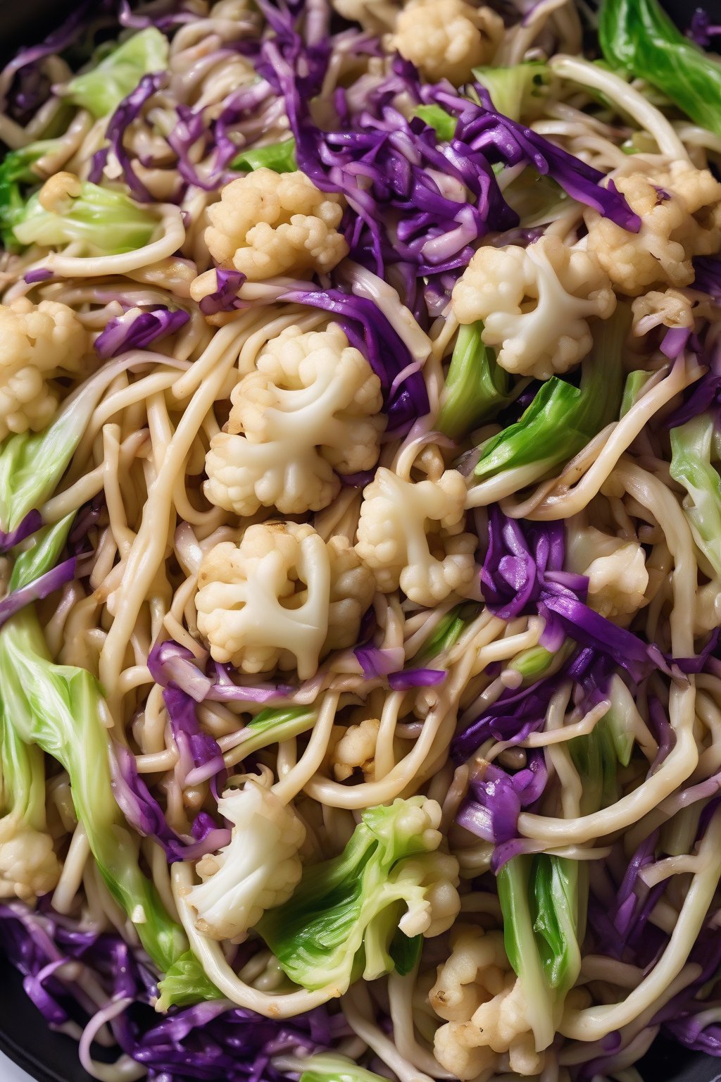 A high-resolution photo of cauliflower and cabbage lo mein with white florets and purple shreds under soft lighting.