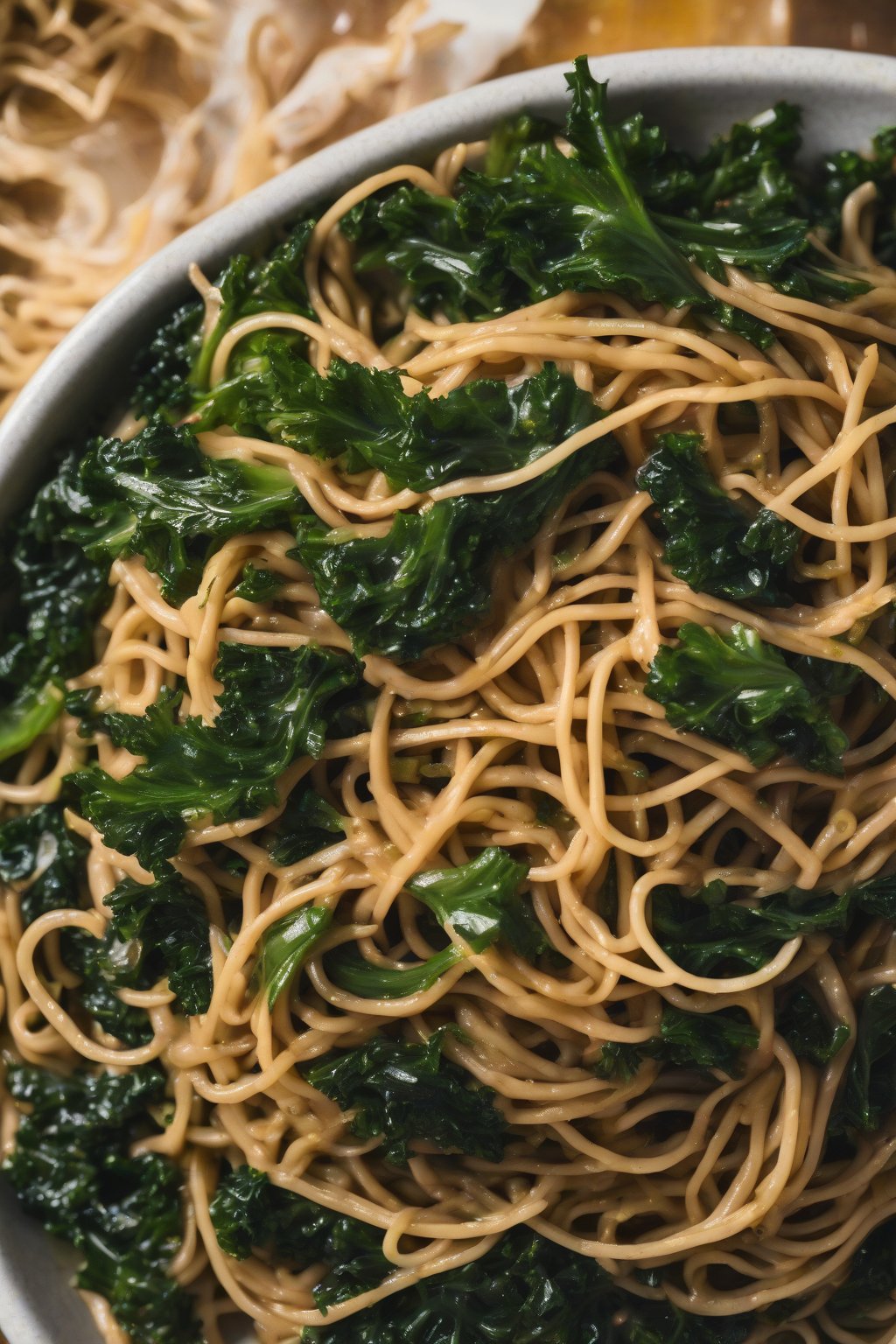 A high-resolution photo of kale and garlic lo mein with dark leaves and golden slices under soft lighting.
