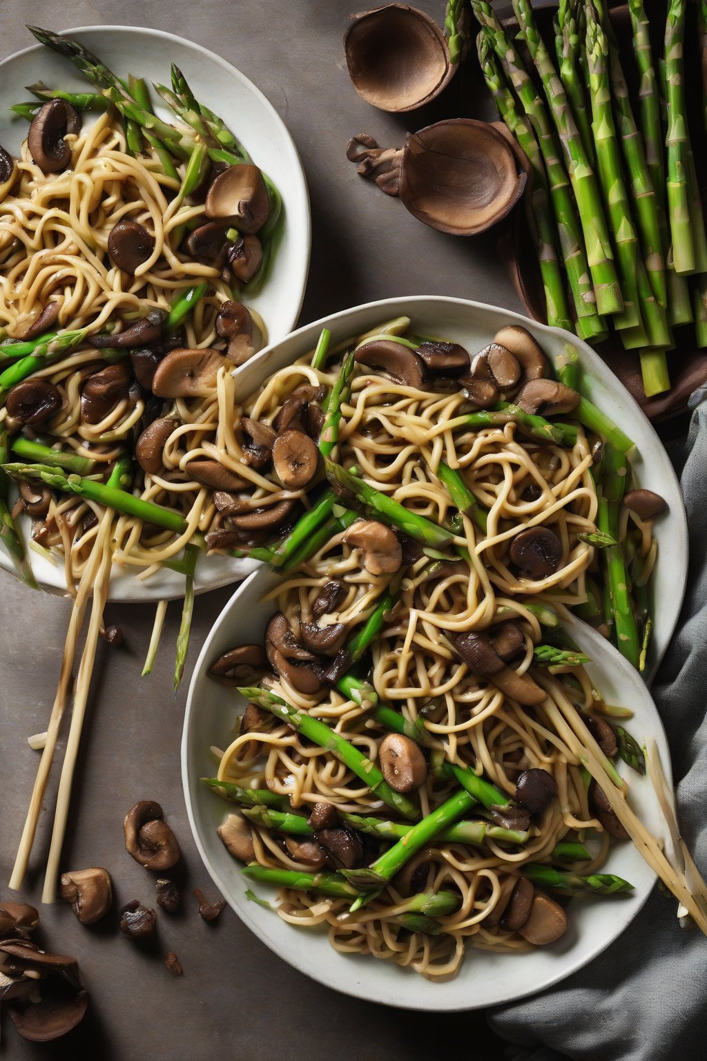 A high-resolution photo of asparagus and shiitake lo mein with green spears and brown caps under soft lighting.