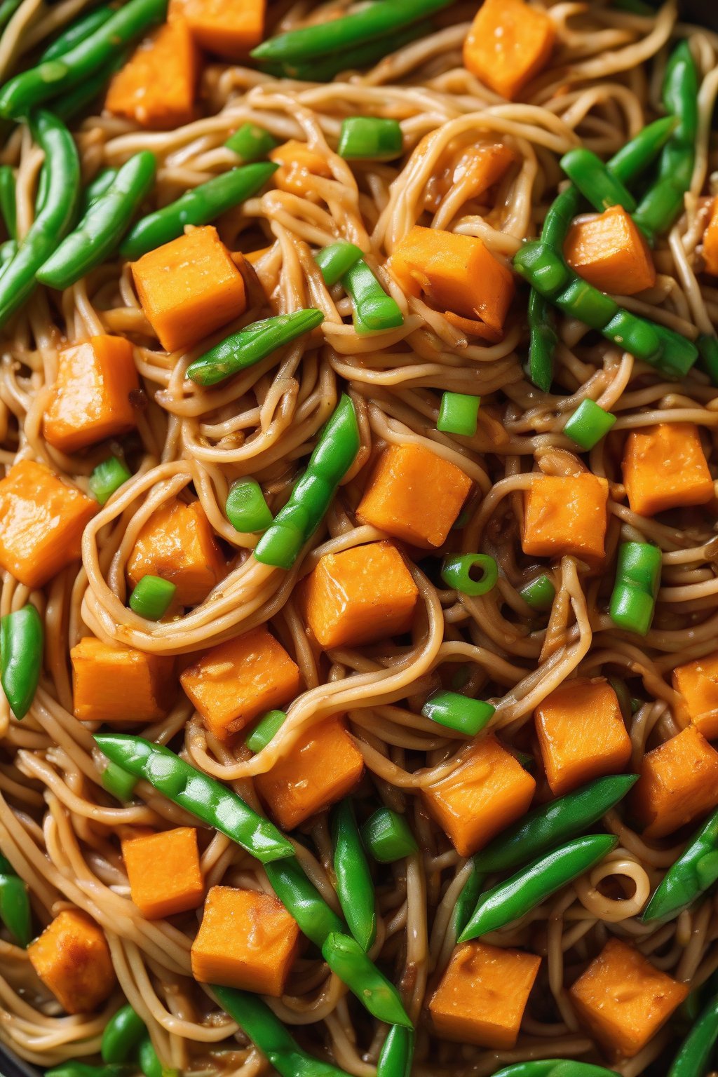 A high-resolution photo of sweet potato lo mein with orange cubes and green beans under soft lighting.
