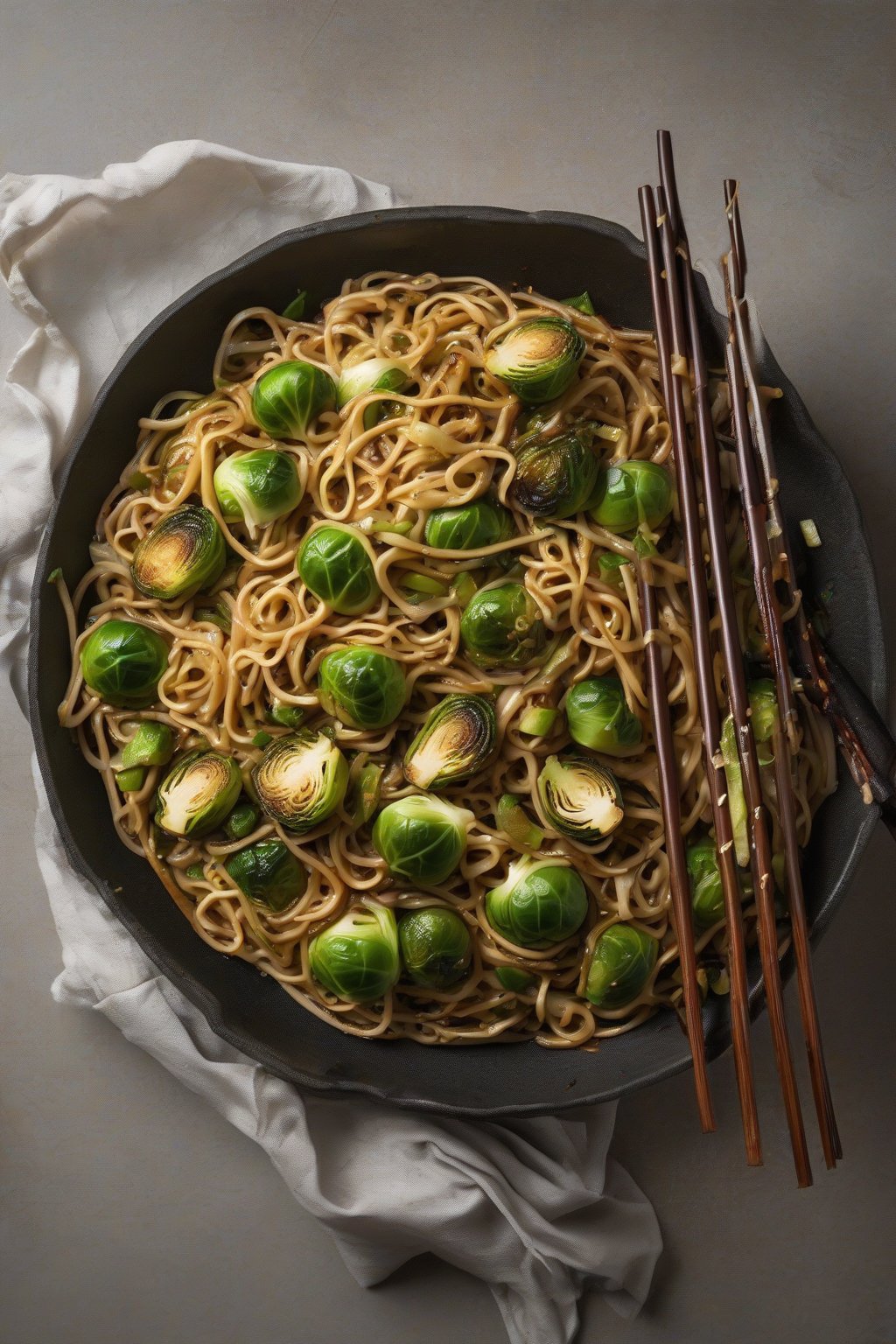A high-resolution photo of Brussels sprouts lo mein with charred halves and glossy noodles under soft lighting.