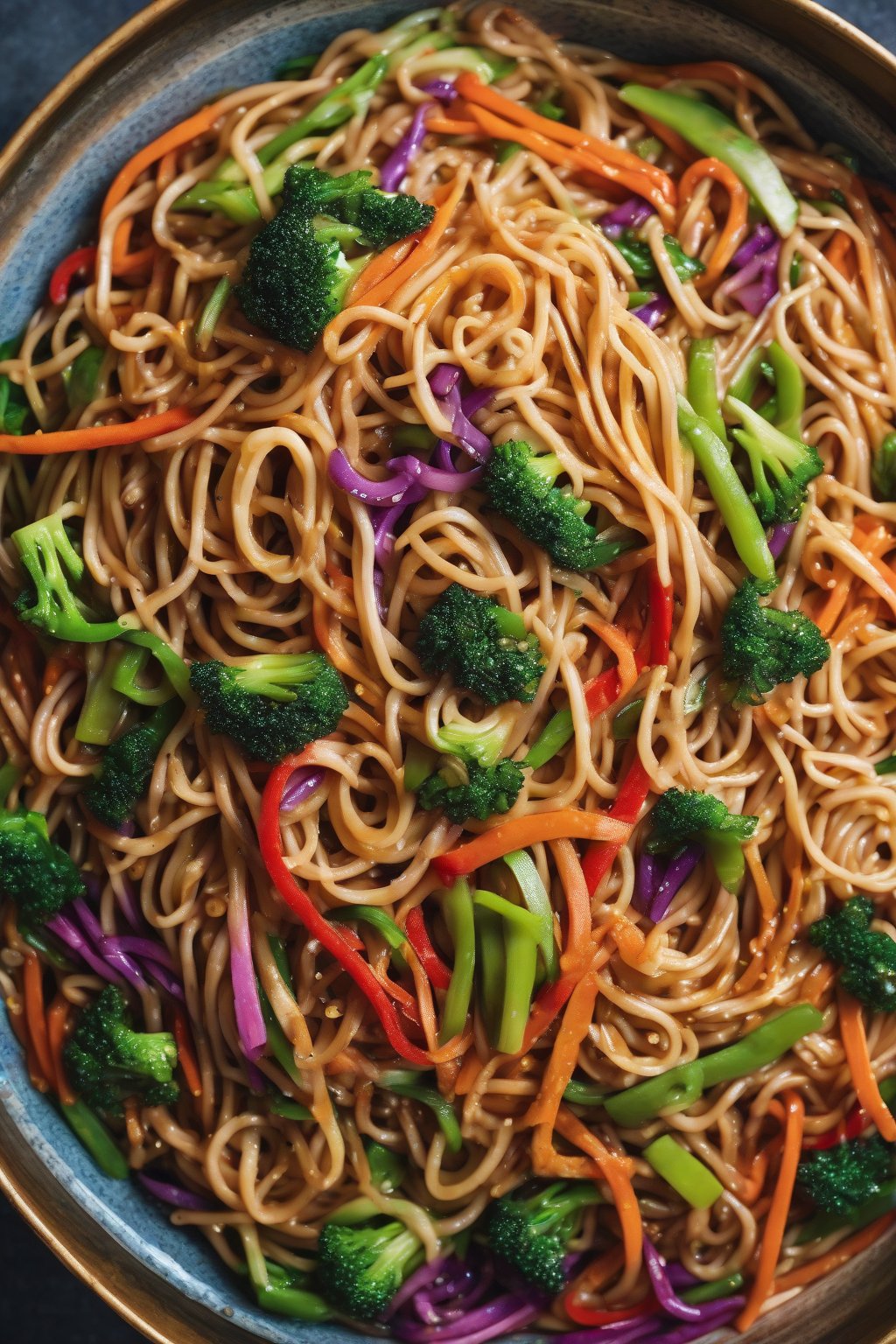 A high-resolution photo of rainbow veggie lo mein with multicolored veggies tangled in slippery noodles under soft lighting.