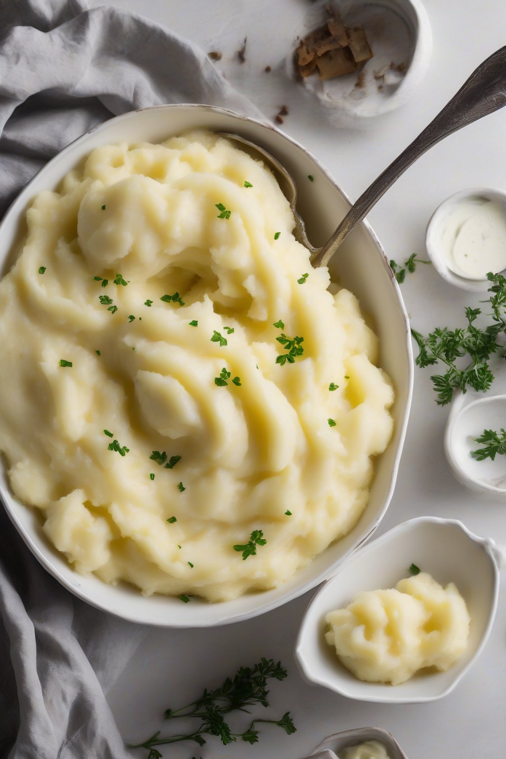 A high-resolution photo of classic buttery mashed potatoes in a white serving bowl, swirled smooth with a pat of butter melting on top, under soft lighting.
