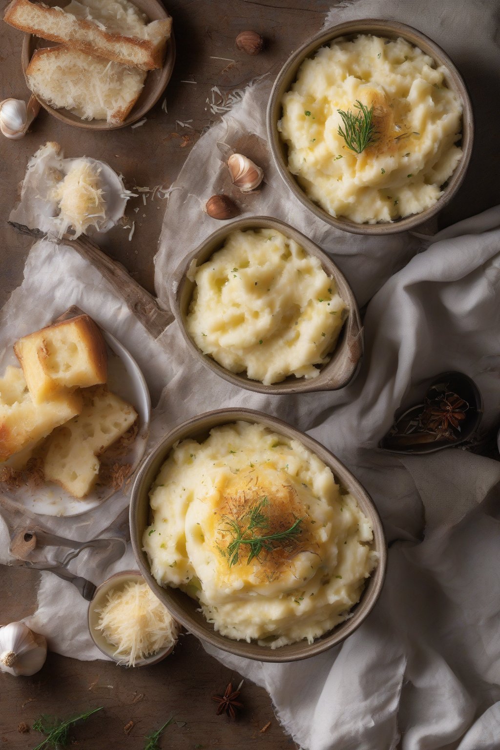 A high-resolution photo of garlic Parmesan mashed potatoes garnished with extra cheese shavings and roasted cloves, creamy and smooth in a rustic bowl, under soft lighting.
