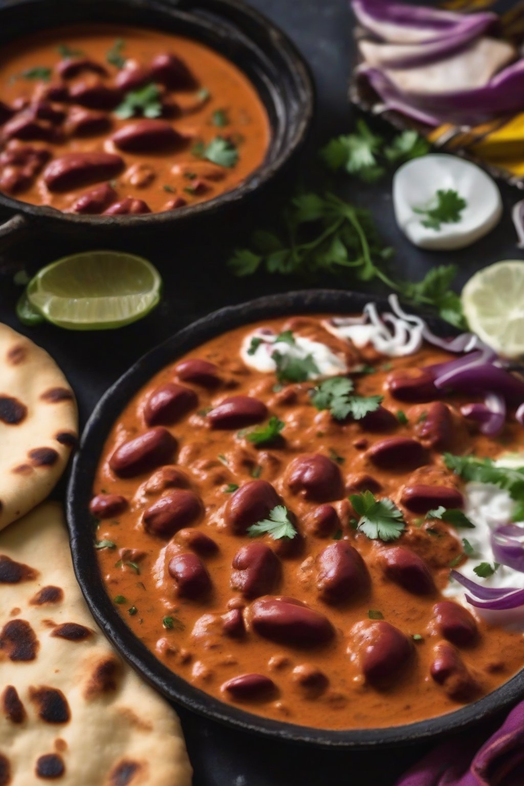 A close-up photo of smoky rajma tikka masala with charred edges and creamy gravy, served with naan, under soft lighting.
