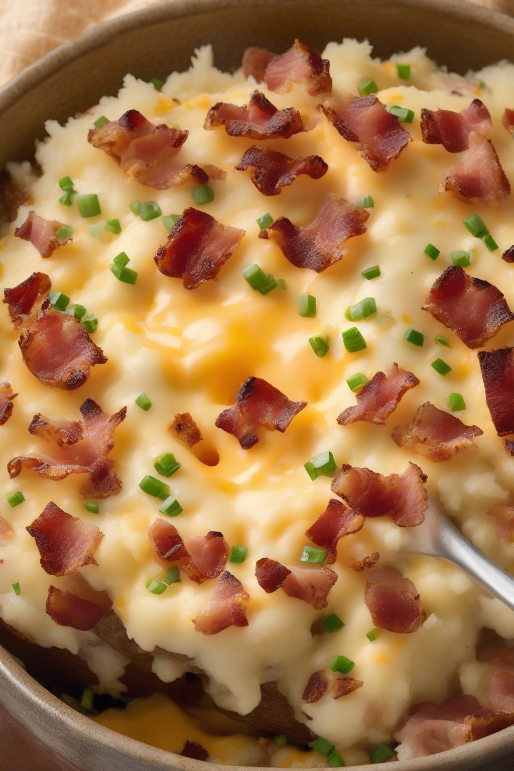A high-resolution photo of loaded baked potato mash topped with bacon crumbles, cheddar, and chives, steam rising from the smooth mound, under soft lighting.