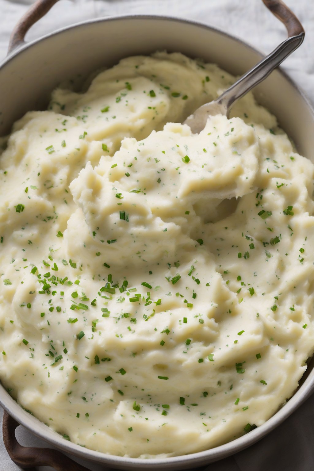 A high-resolution photo of sour cream and chive mashed potatoes with green flecks throughout the creamy texture, served family-style, under soft lighting.