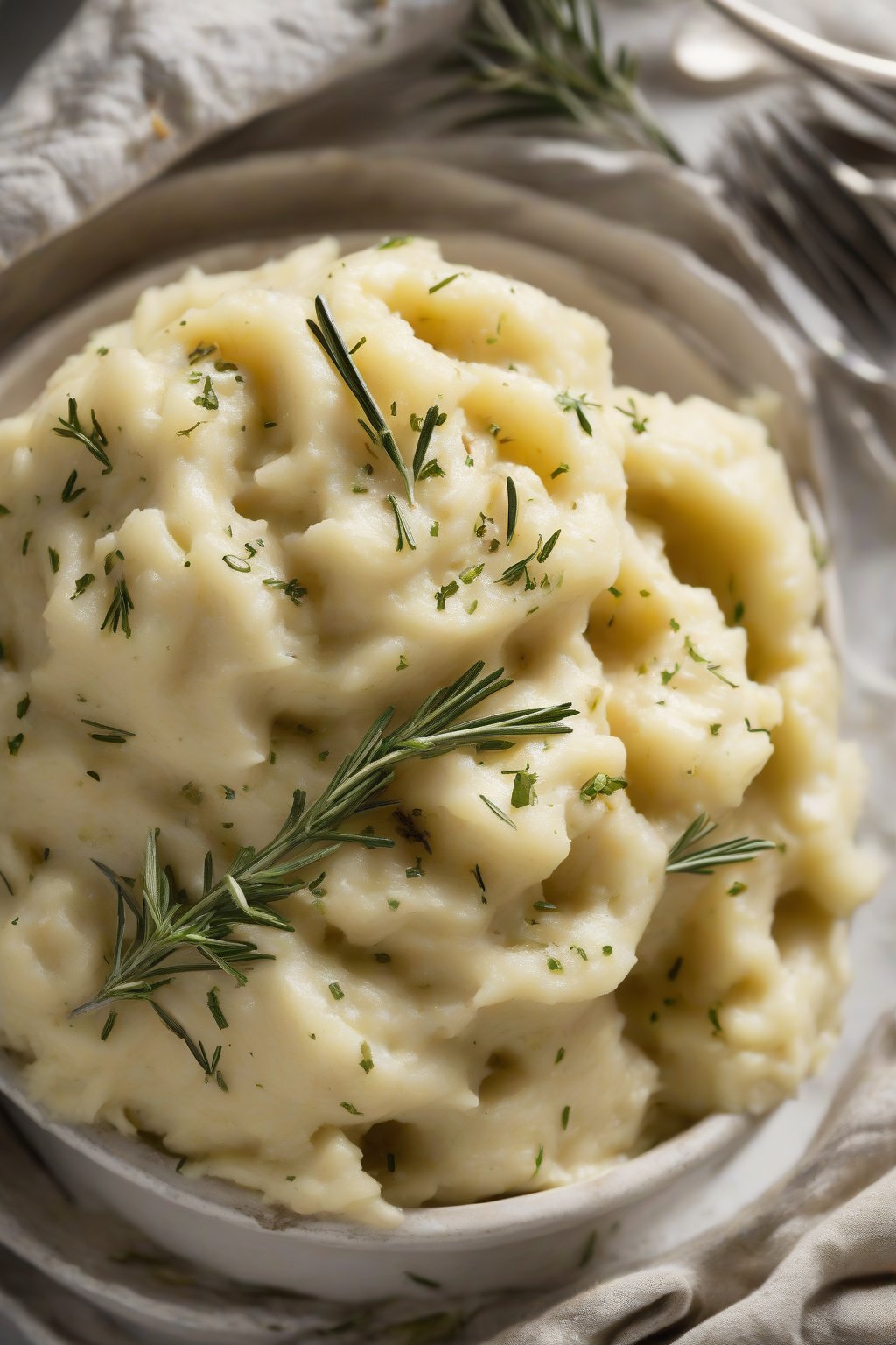 A high-resolution photo of roasted garlic and rosemary mashed potatoes, swirled with herb flecks and golden garlic bits, under soft lighting.