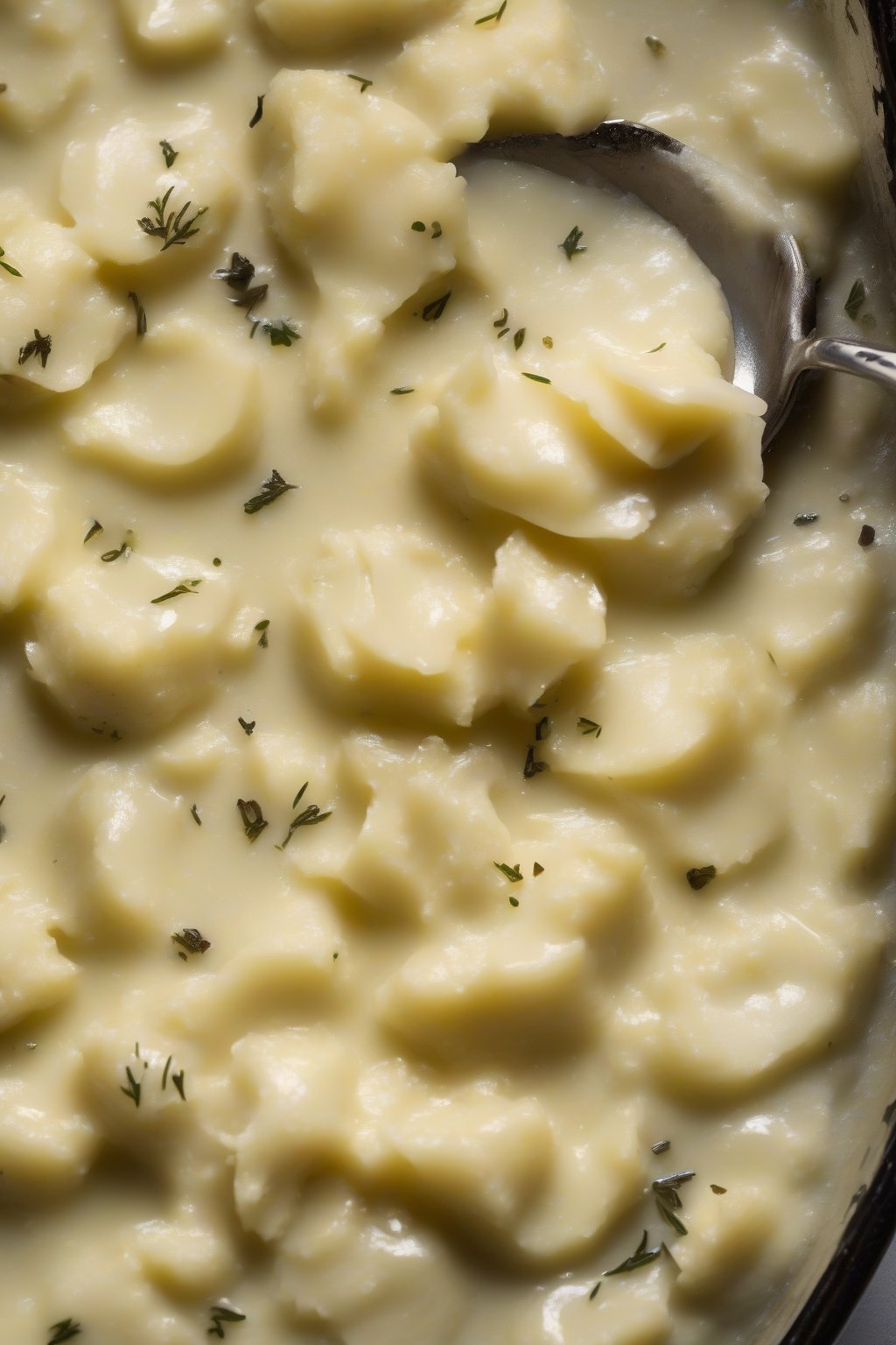 A high-resolution photo of truffle oil mashed potatoes glistening with a subtle oil sheen on the smooth surface, in an elegant dish, under soft lighting.