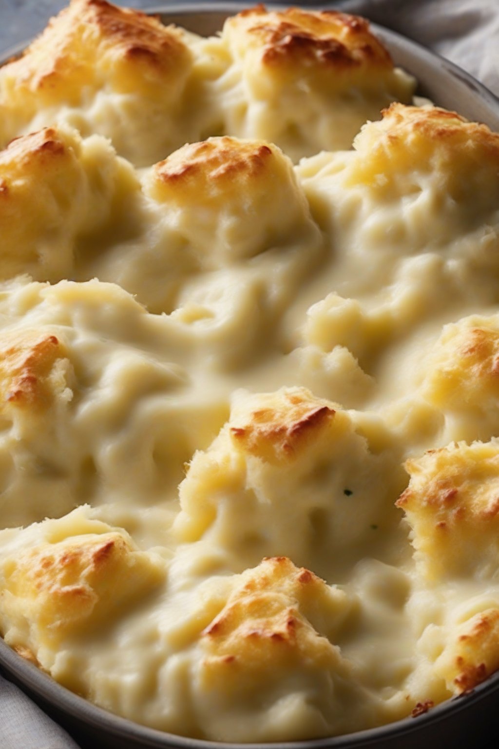 A high-resolution photo of horseradish cheddar mashed potatoes with melted cheese pockets in the creamy base, under soft lighting.