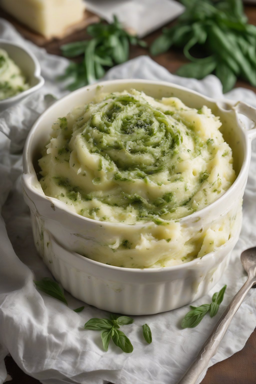 A high-resolution photo of pesto-swirled mashed potatoes with green ribbons through the white creaminess, topped with Parmesan, under soft lighting.