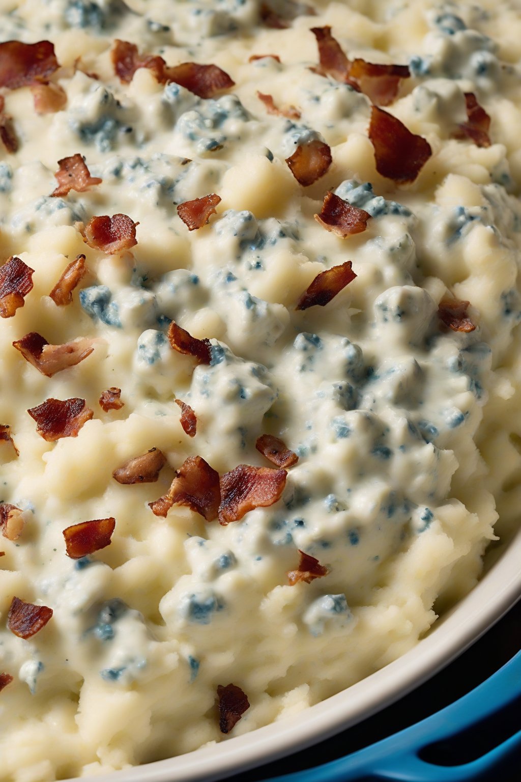 A high-resolution photo of bacon blue cheese mashed potatoes studded with bacon bits and blue cheese veins, steaming hot, under soft lighting.