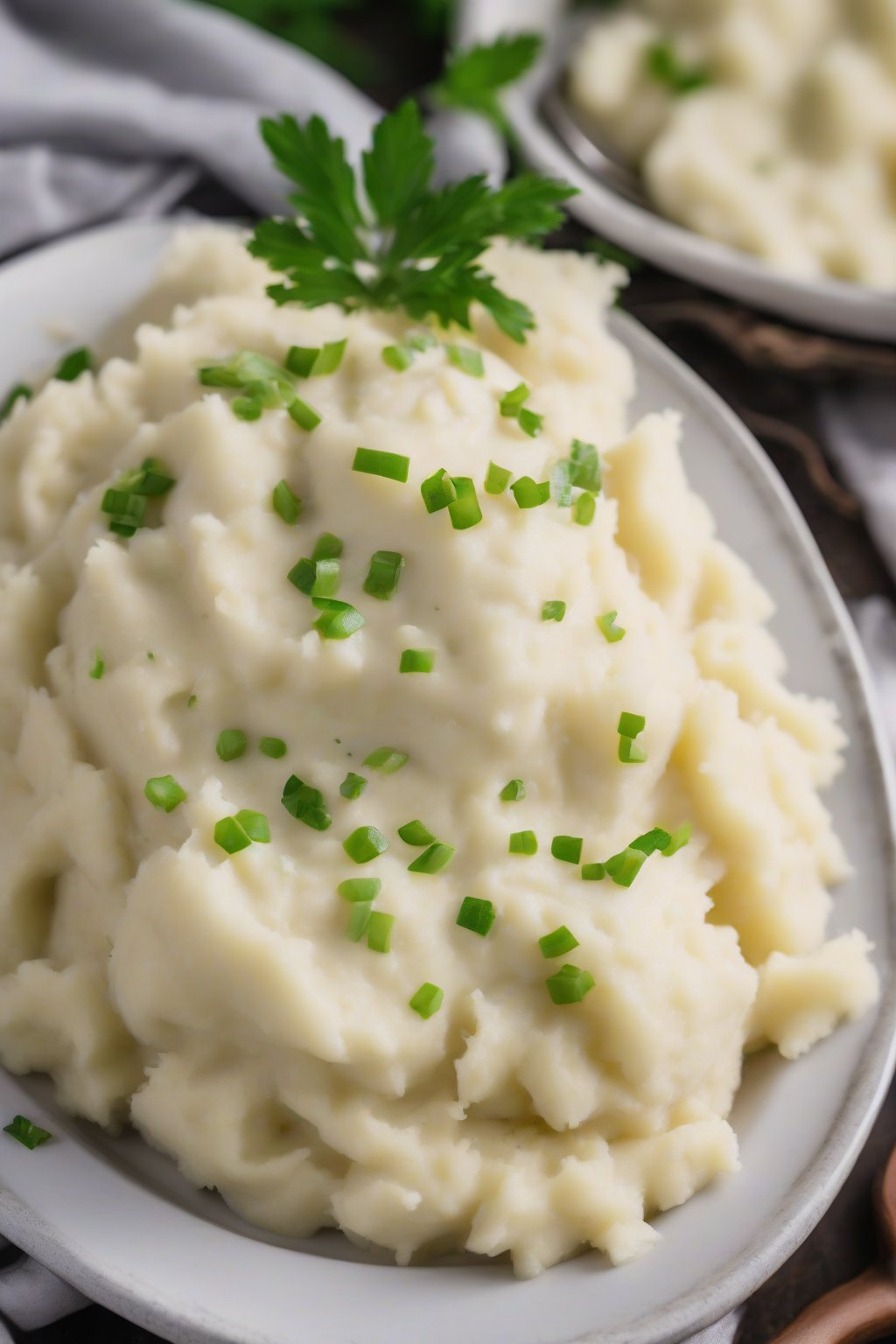 A high-resolution photo of coconut milk vegan mashed potatoes, fluffy and pale with a hint of green garnish, under soft lighting.