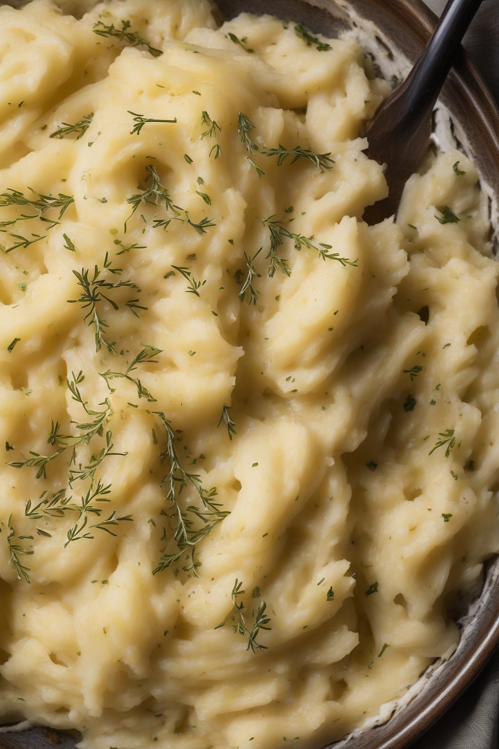 A high-resolution photo of caramelized onion and thyme mashed potatoes with golden onion strands woven in, under soft lighting.