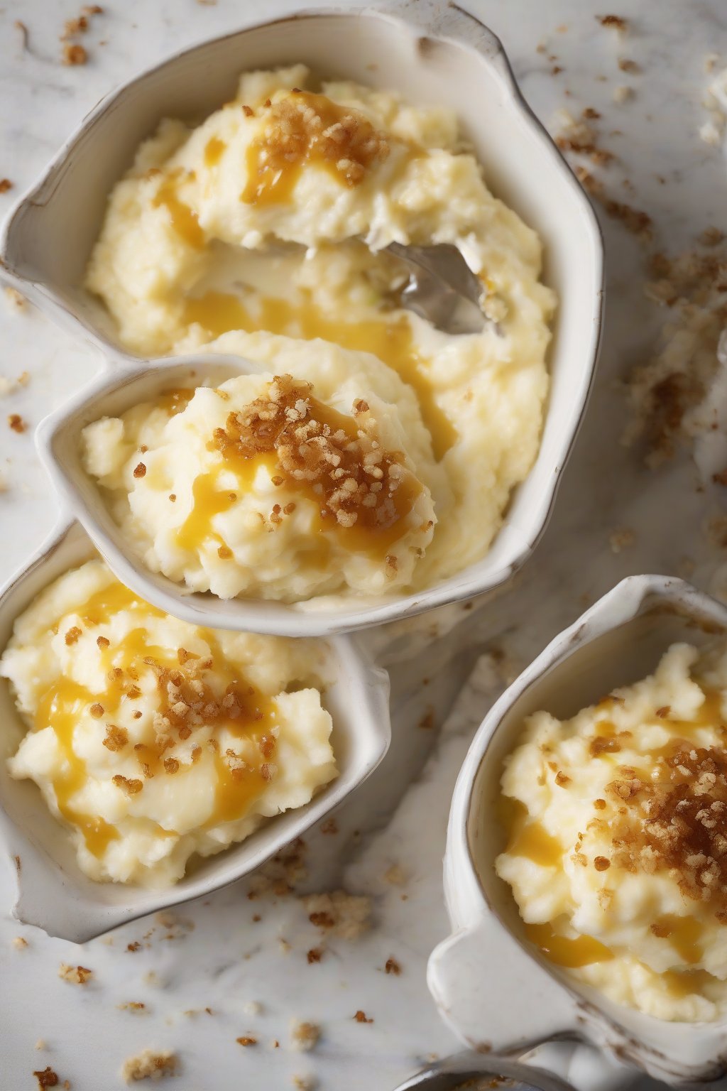 A high-resolution photo of goat cheese and honey mashed potatoes, drizzled golden and dotted with cheese crumbles, under soft lighting.