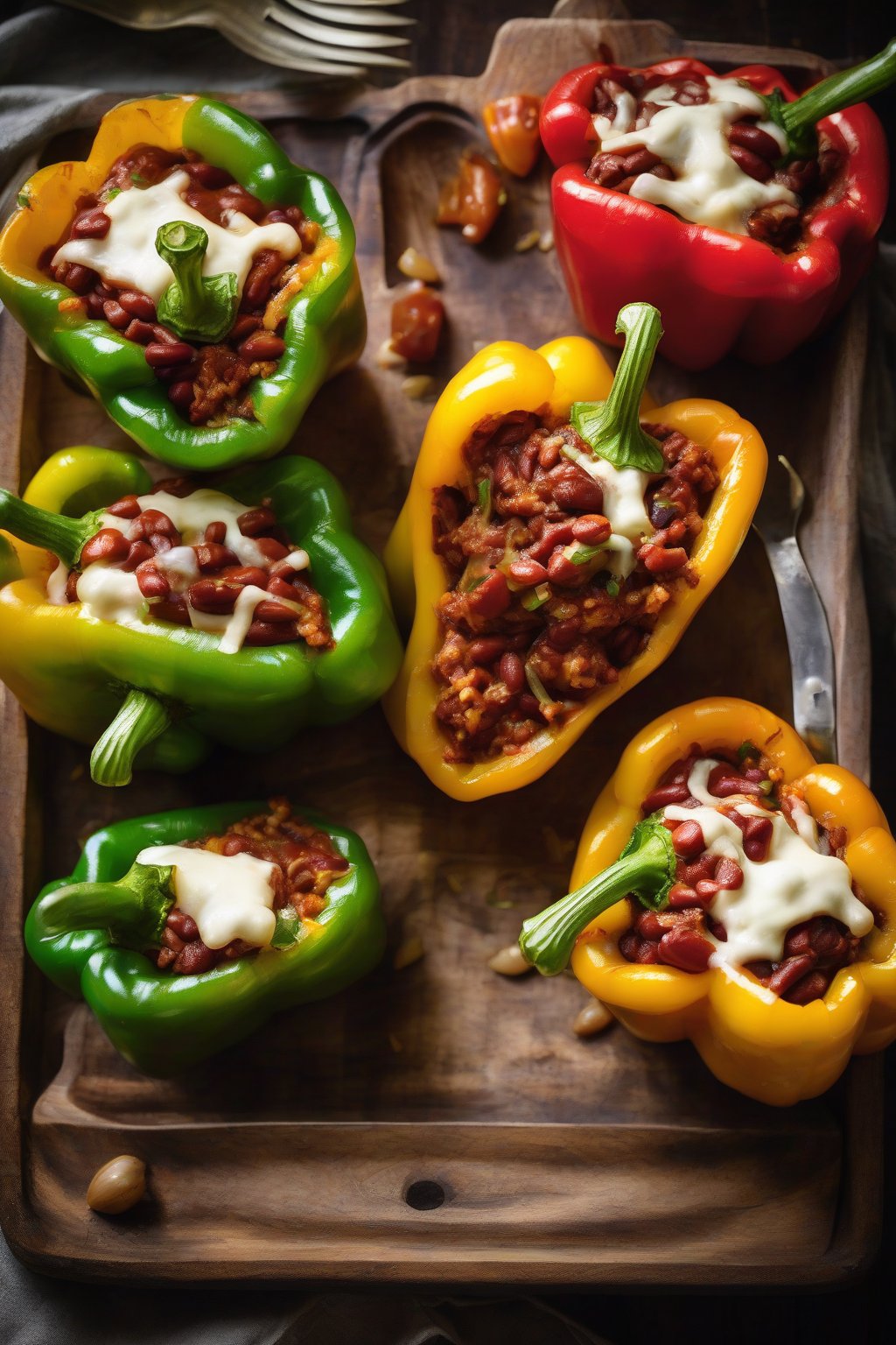 A high-resolution photo of golden-baked rajma stuffed bell peppers on a rustic tray, cheese melted on top, under soft lighting.