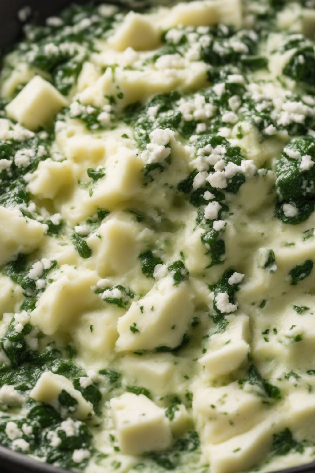 A high-resolution photo of spinach and feta mashed potatoes with green flecks and white feta chunks in smooth waves, under soft lighting.