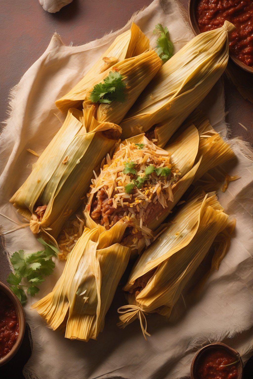 A high-resolution photo of steamed classic pork tamales unwrapped on a corn husk, revealing tender shredded pork in red sauce, under soft lighting.