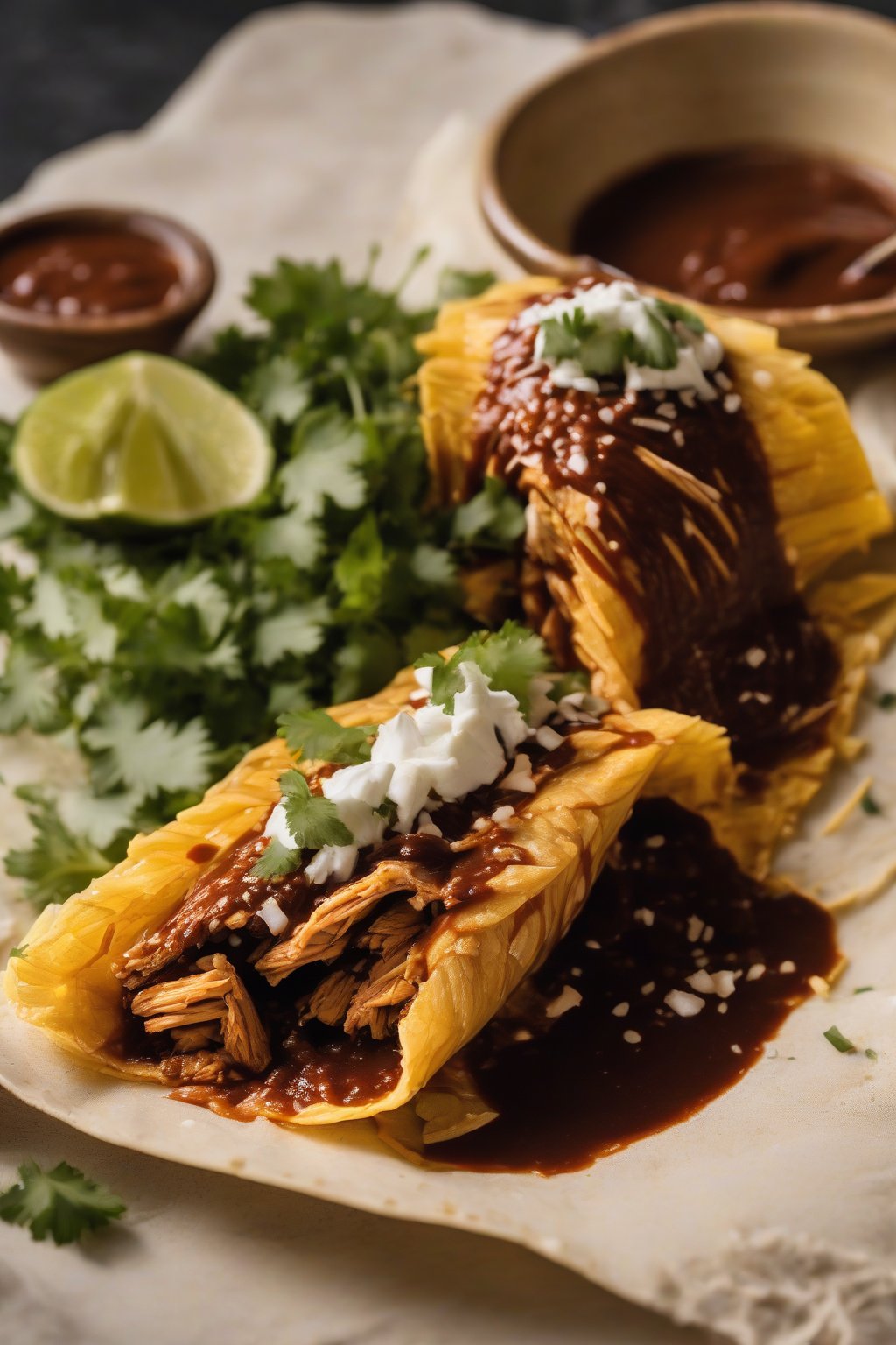 A high-resolution photo of a chicken mole tamale sliced open, showing glossy dark sauce coating shredded chicken within soft masa, under soft lighting.