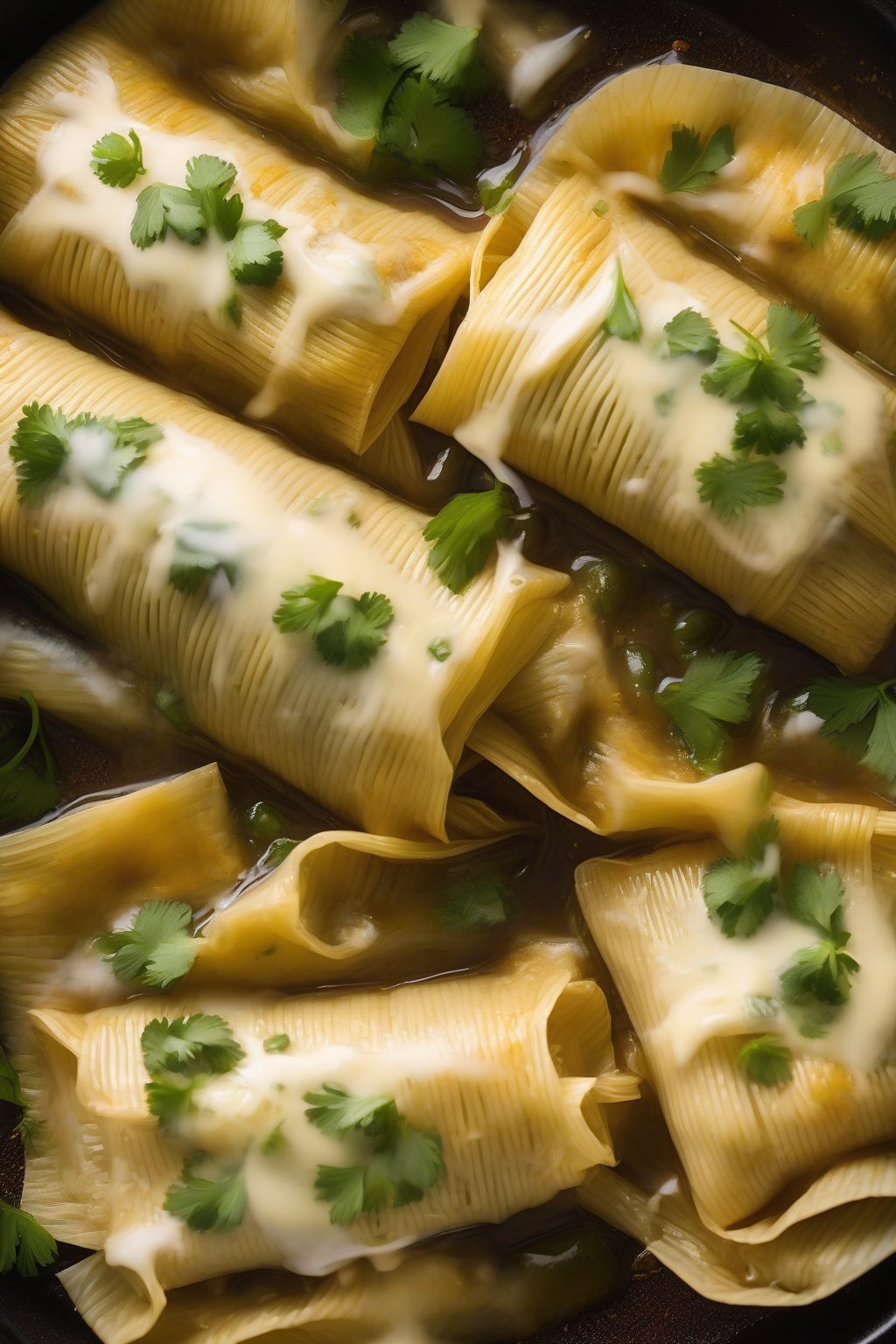 A high-resolution photo of cheesy jalapeño tamales steaming with cheese oozing out, garnished with cilantro, under soft lighting.