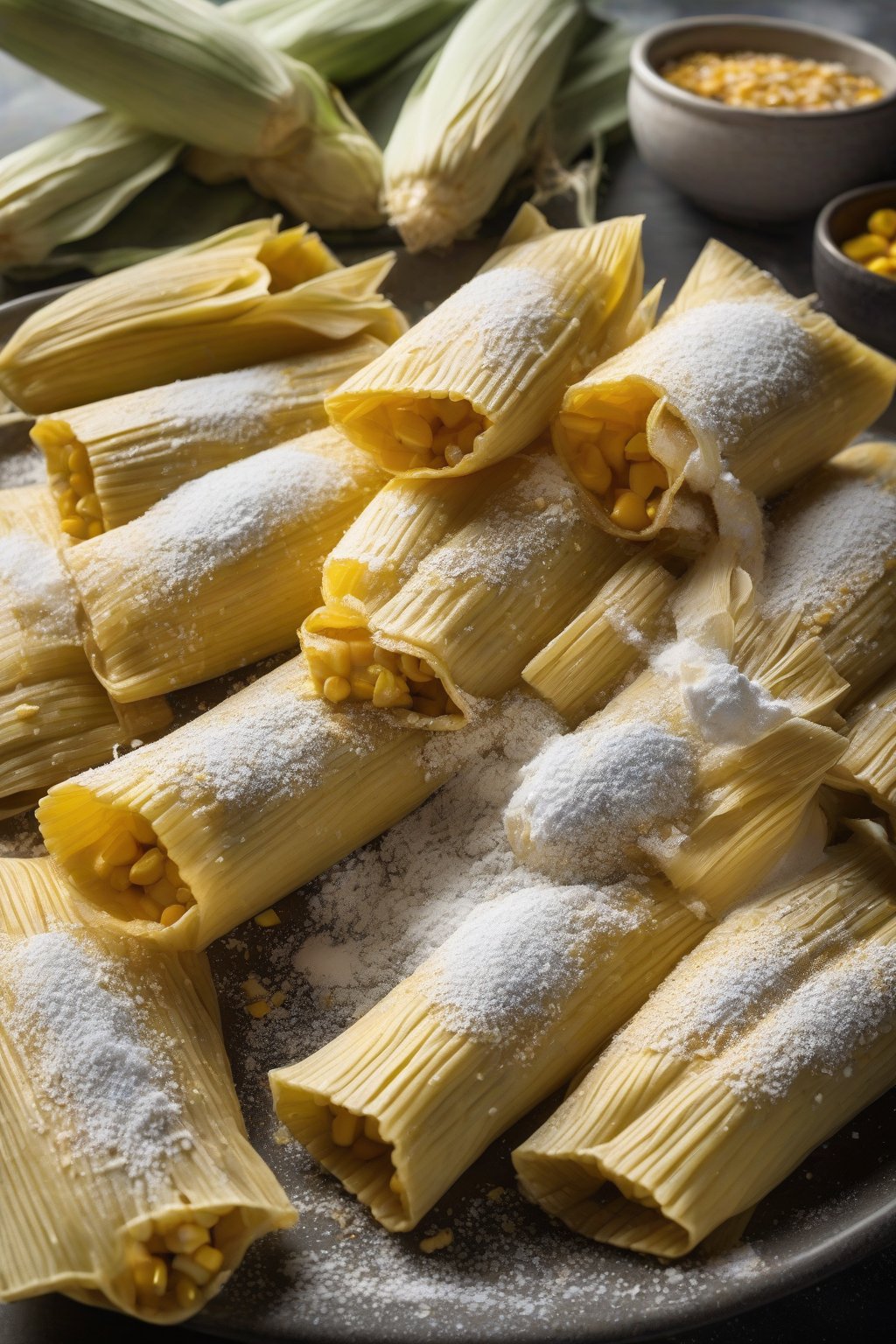 A high-resolution photo of sweet corn tamales topped with powdered sugar and fresh kernels, partially unwrapped, under soft lighting.