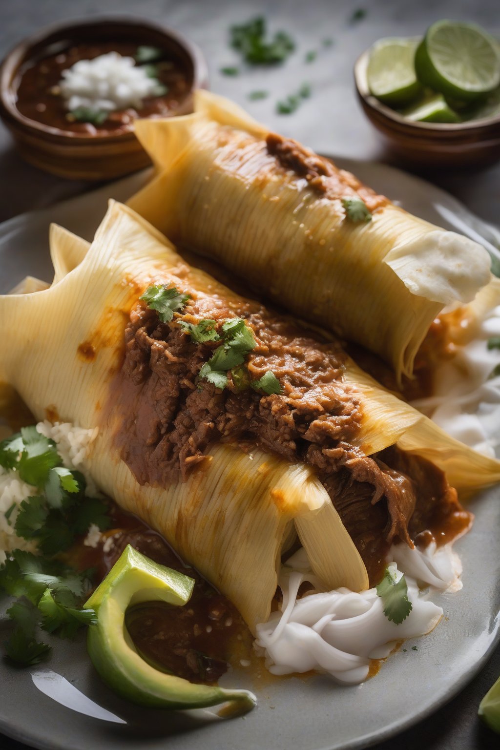 A high-resolution photo of beef birria tamales with consomé-drizzled masa exposing tender meat, under soft lighting.