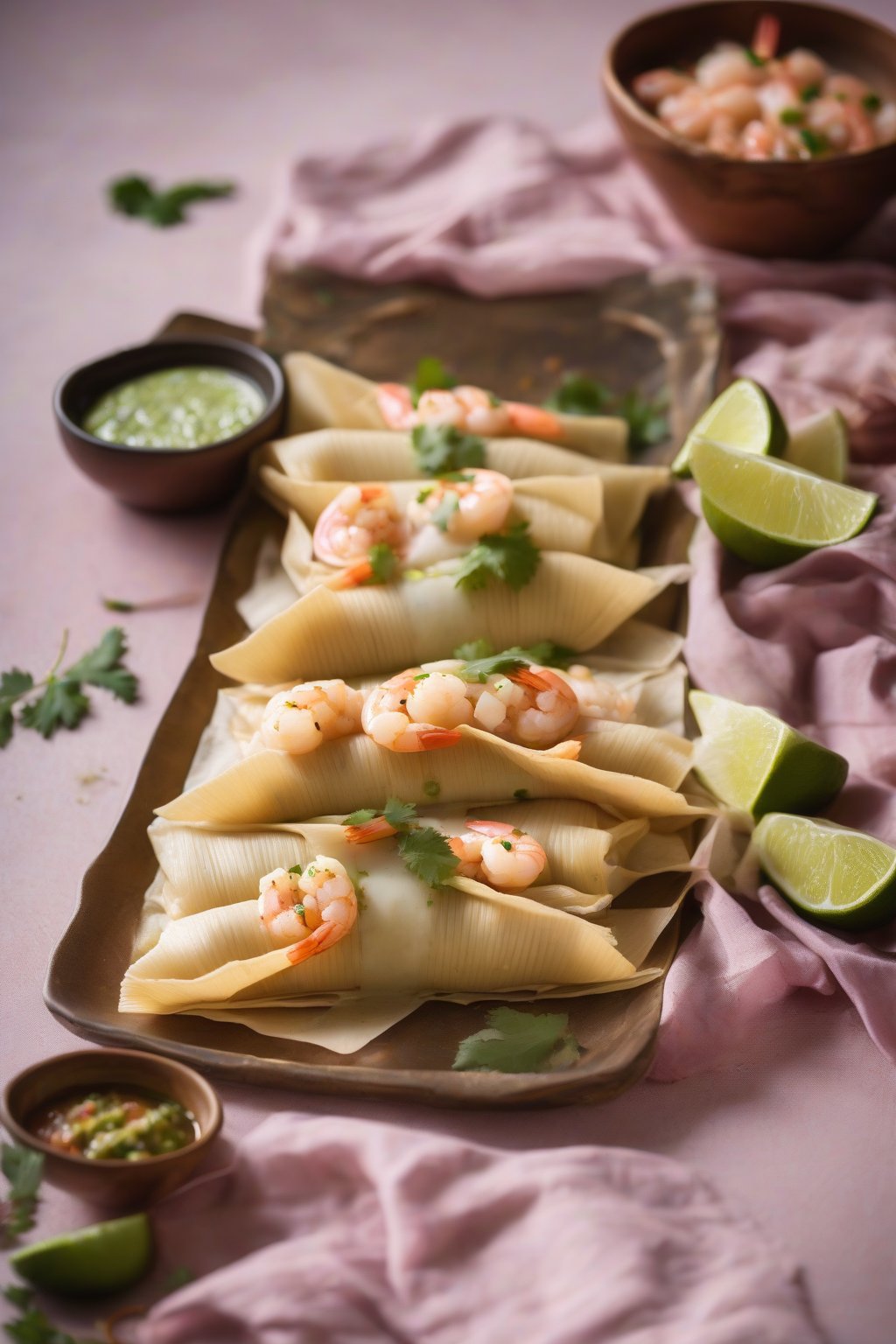 A high-resolution photo of shrimp tamales revealing plump pink shrimp in garlicky masa, lime wedge nearby, under soft lighting.