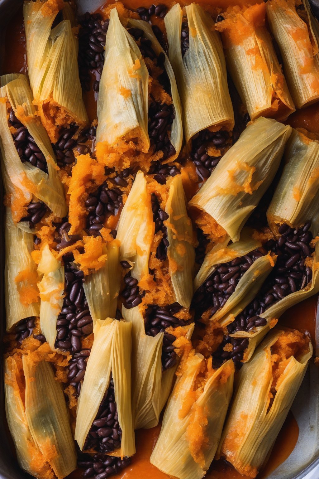A high-resolution photo of black bean sweet potato tamales cross-sectioned, showing vibrant orange and black filling, under soft lighting.