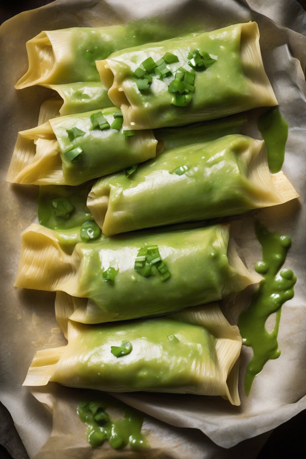 A high-resolution photo of green chicken tamales unwrapped, vibrant verde sauce glistening, under soft lighting.