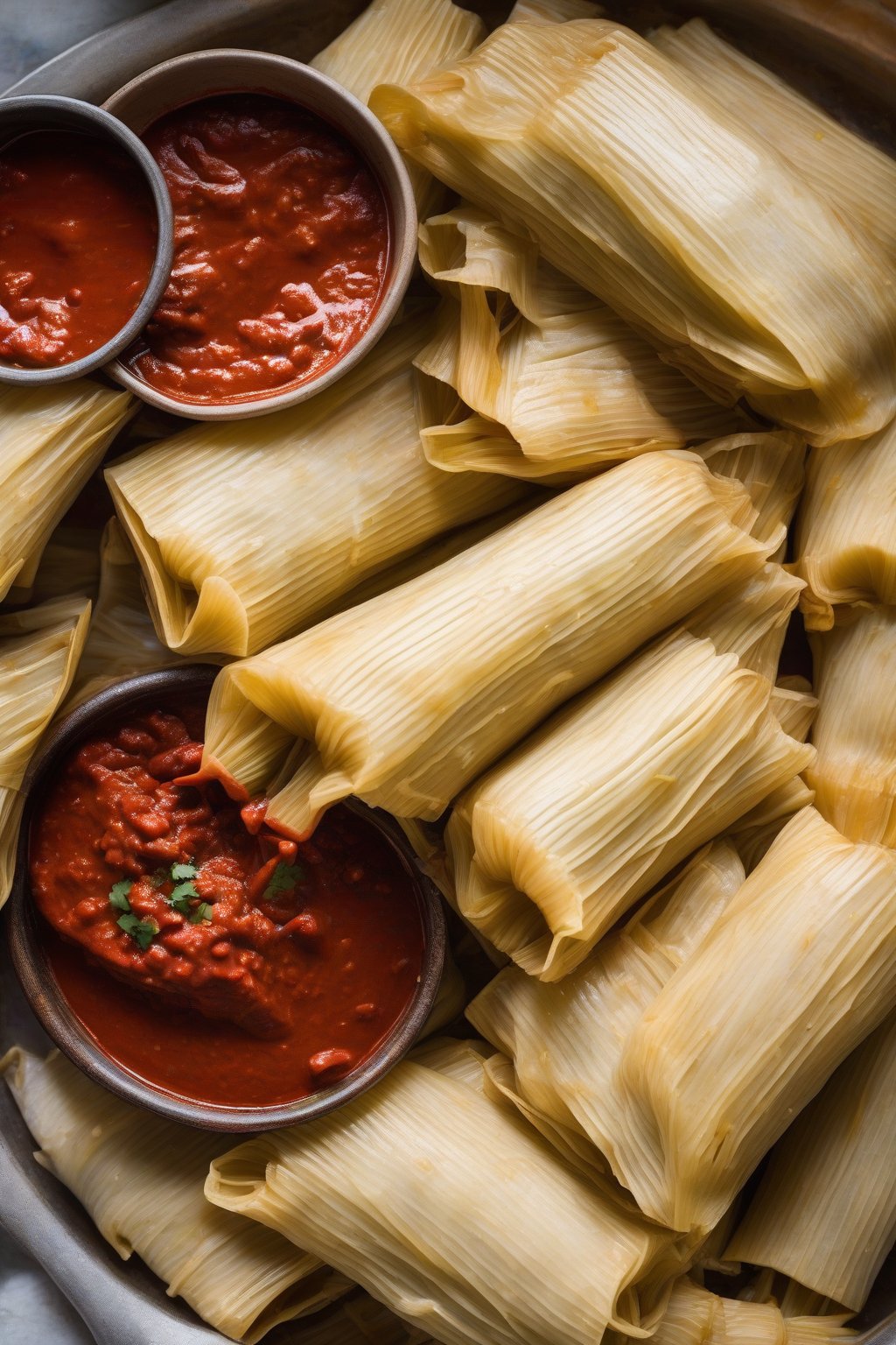 A high-resolution photo of red chile beef tamales stacked, sauce pooling at base, under soft lighting.