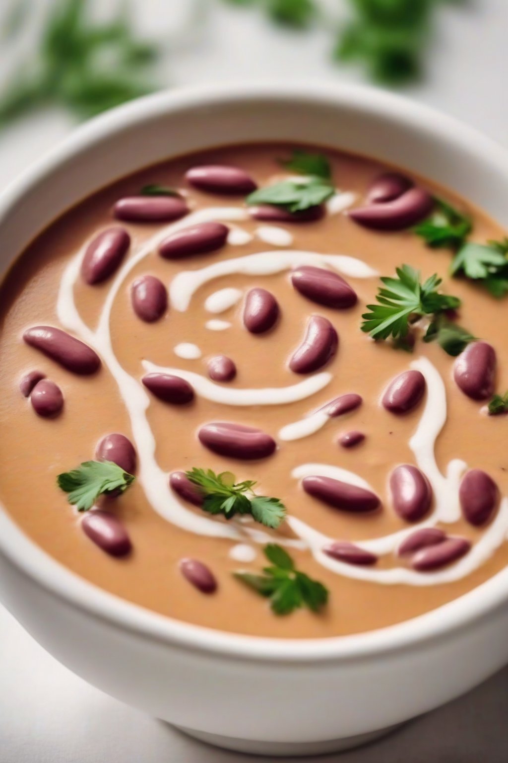 A close-up photo of creamy rajma soup swirled with coconut milk, garnished with herbs, in a white bowl, under soft lighting.