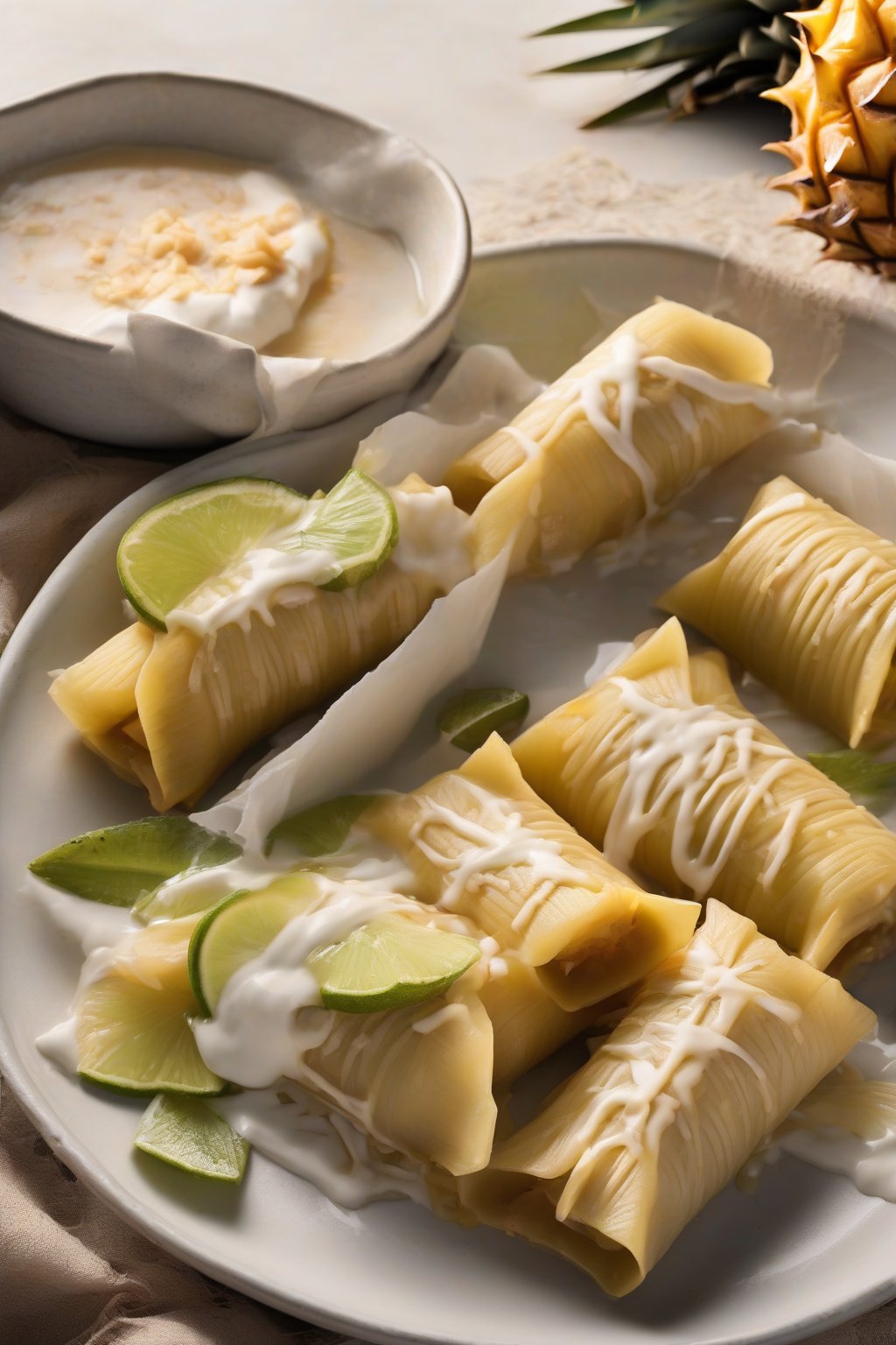 A high-resolution photo of pineapple coconut tamales drizzled with condensed milk, tropical garnish, under soft lighting.