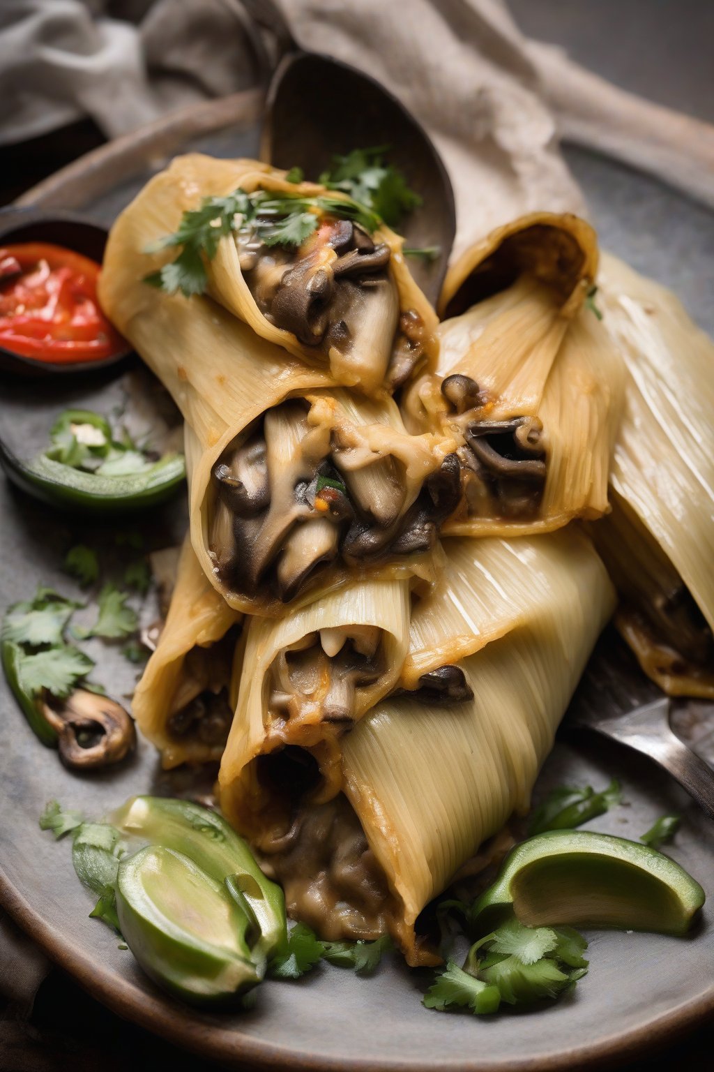 A high-resolution photo of mushroom poblano tamales sliced, creamy filling with charred peppers visible, under soft lighting.