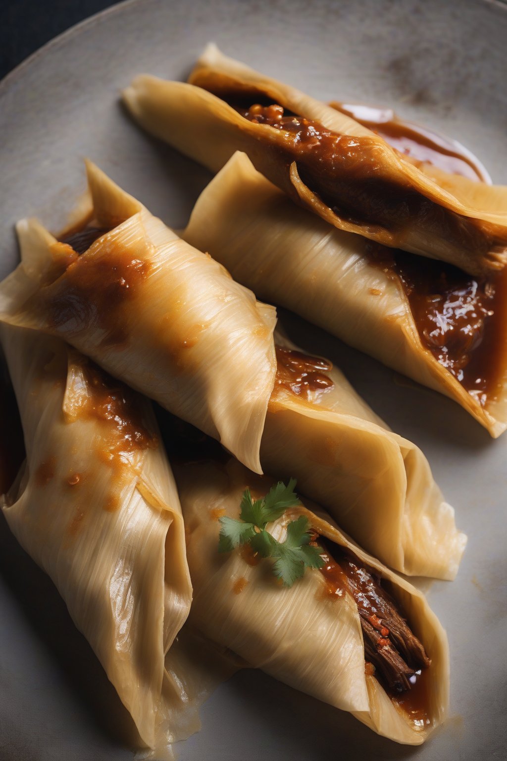 A high-resolution photo of duck orange tamales, glossy glaze on dark meat against pale masa, under soft lighting.