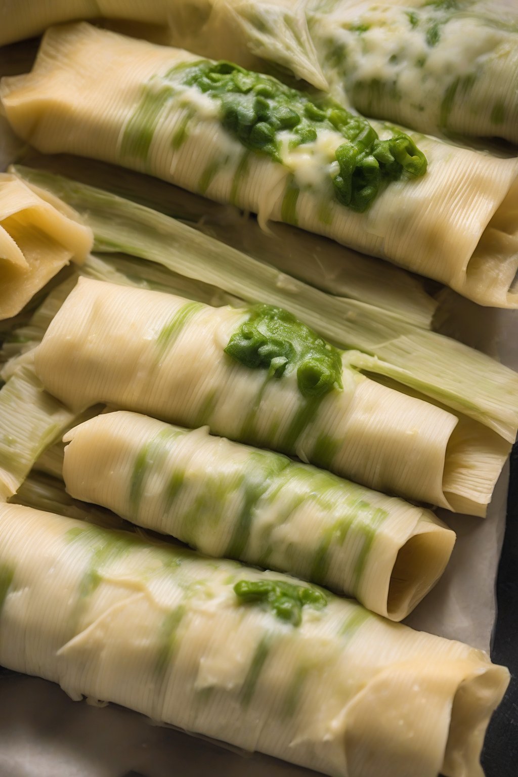 A high-resolution photo of rajas con queso tamales oozing cheese and green strips, under soft lighting.