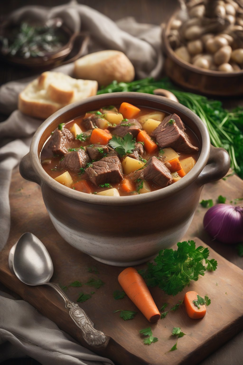 A high-resolution photo of a steaming bowl of classic beef and root vegetable stew garnished with fresh parsley, under soft lighting.
