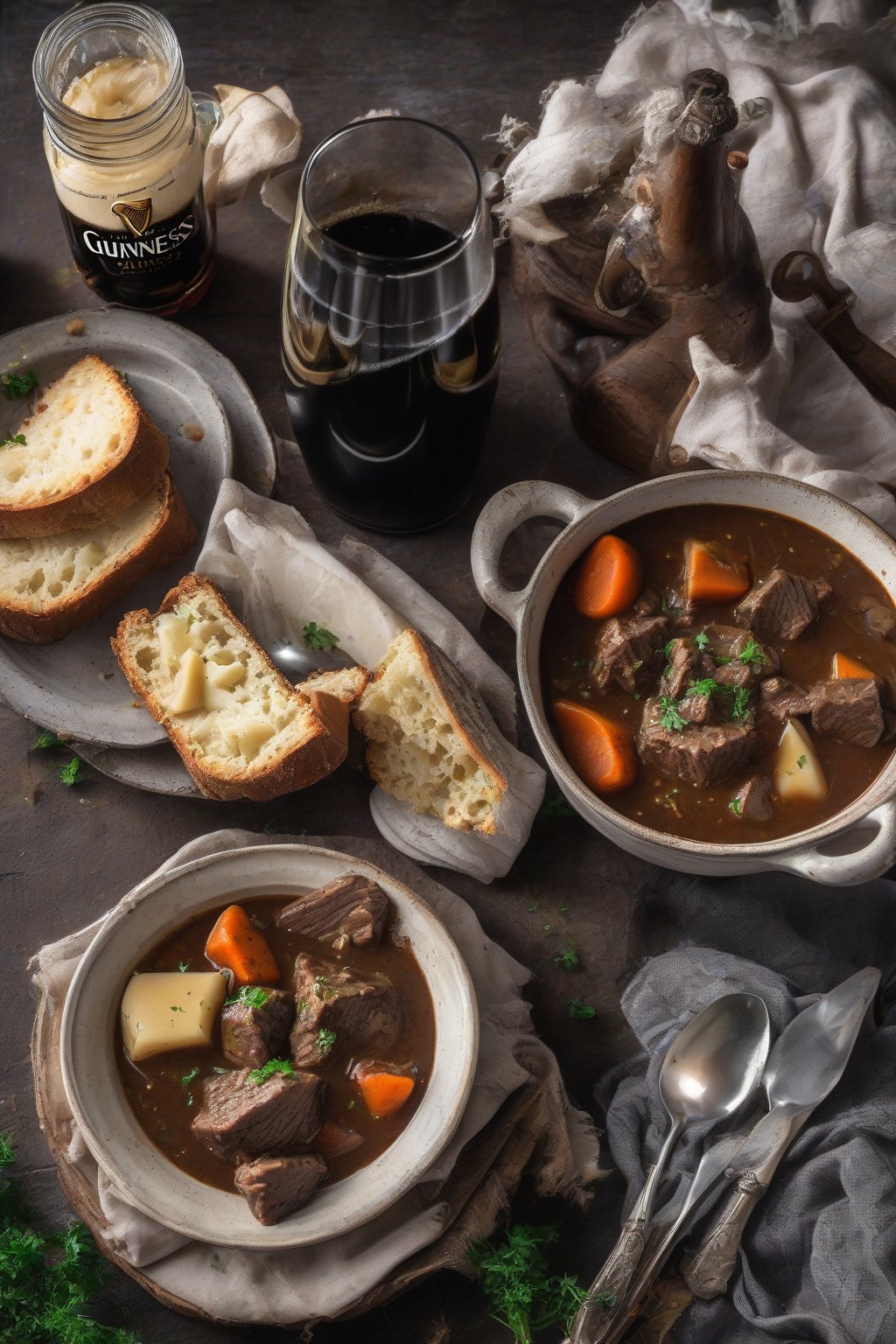 A high-resolution photo of Irish Guinness beef stew in a rustic bowl with soda bread on the side, under soft lighting.