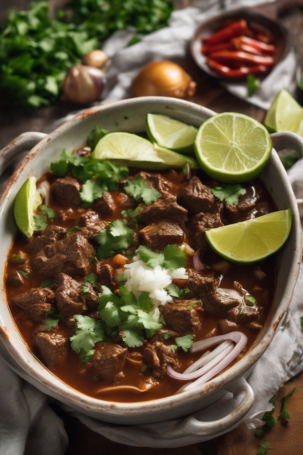 A high-resolution photo of spicy Mexican beef stew topped with onions, cilantro, and lime wedges, under soft lighting.