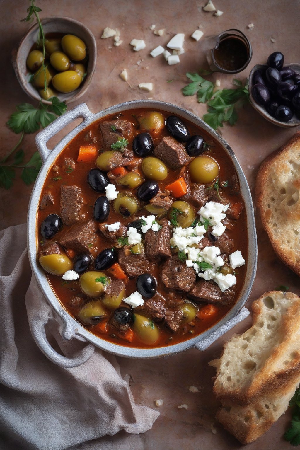 A high-resolution photo of Mediterranean beef stew with olives and crumbled feta in a vibrant bowl, under soft lighting.