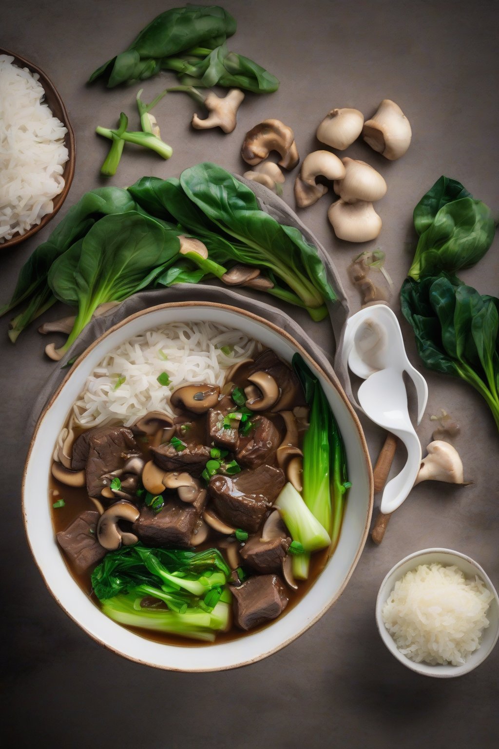 A high-resolution photo of Asian ginger beef stew with bok choy and mushrooms in a deep bowl, under soft lighting.