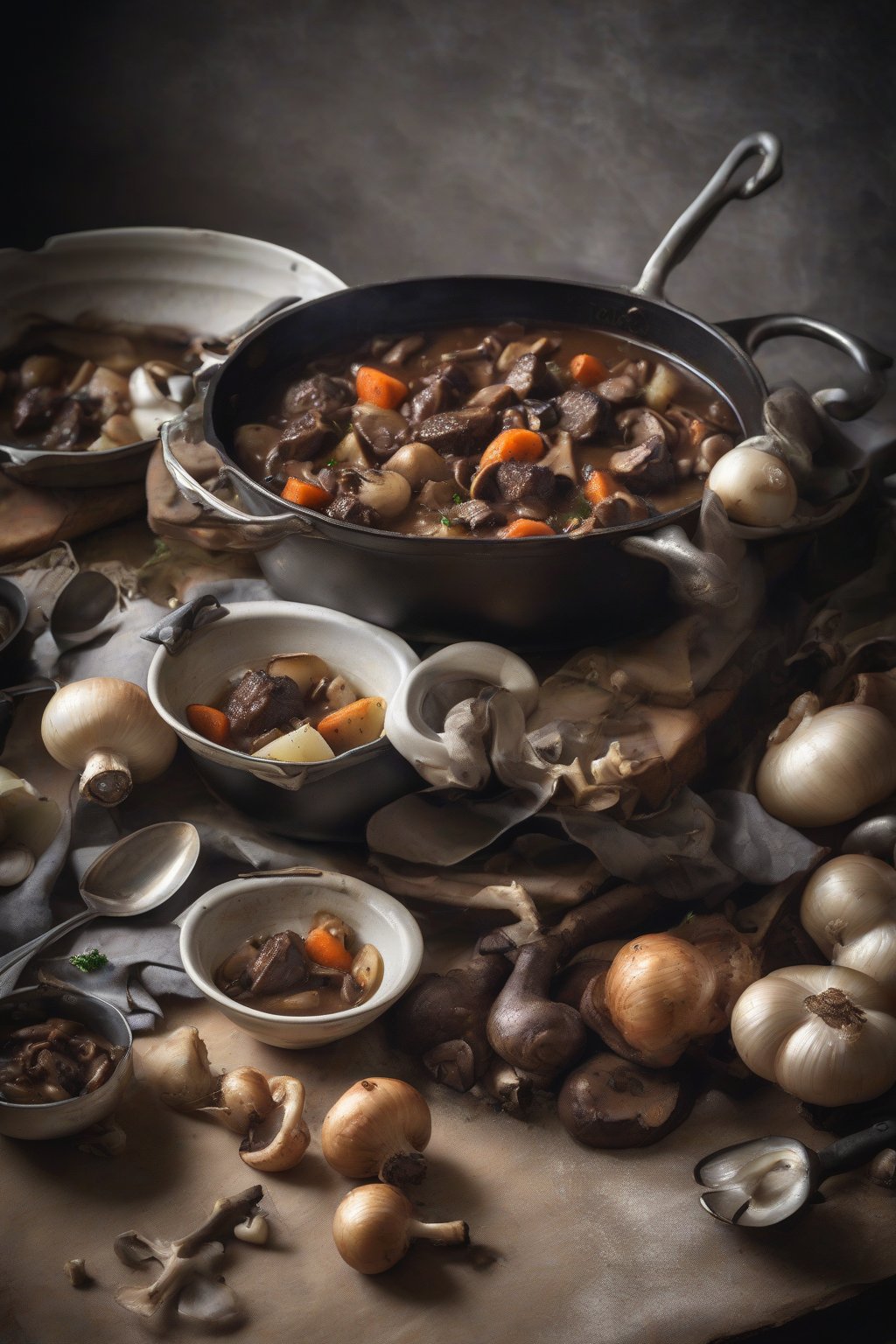 A high-resolution photo of beef stew brimming with wild mushrooms and pearl onions, under soft lighting.