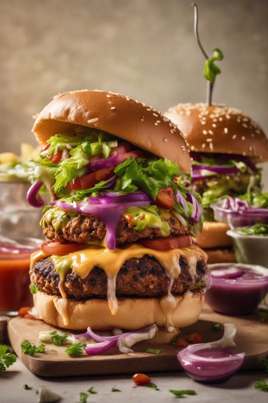 A high-resolution photo of stacked rajma veggie burgers with fresh toppings on a bun, juices dripping, under soft lighting.