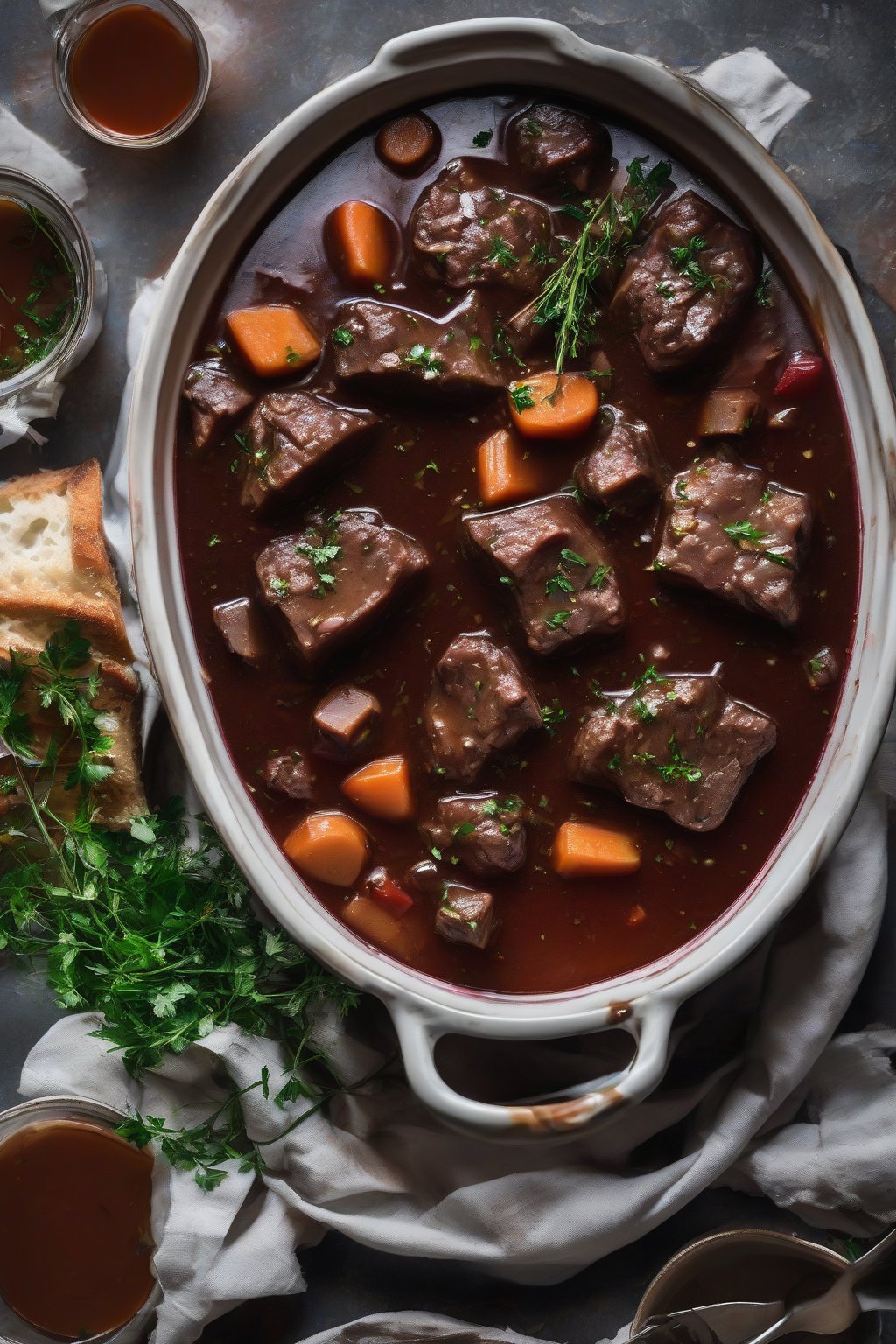 A high-resolution photo of red wine beef stew with glossy gravy and herbs, under soft lighting.