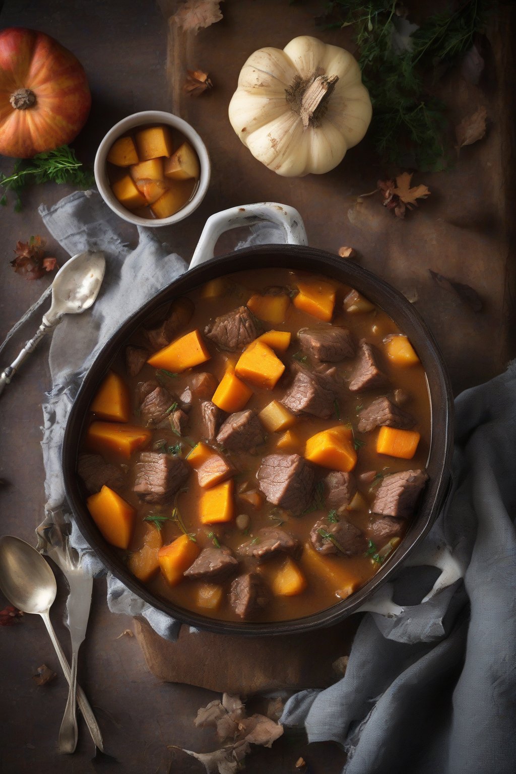A high-resolution photo of autumn beef stew featuring chunks of butternut squash and apples, under soft lighting.