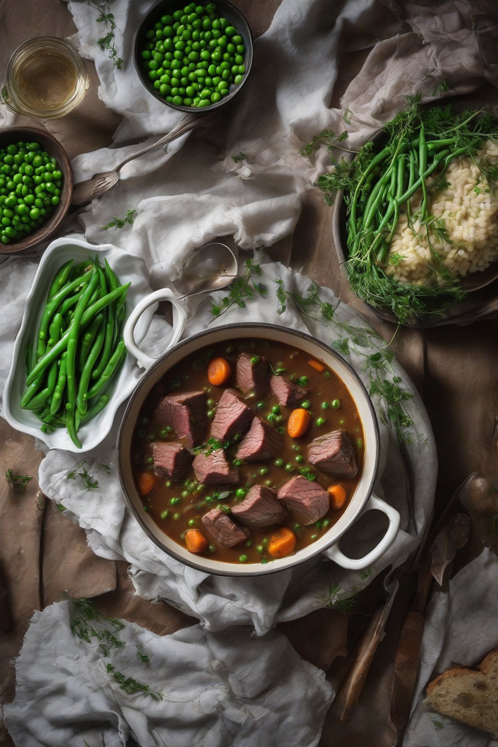 A high-resolution photo of herbed beef stew with green beans and peas scattered throughout, under soft lighting.