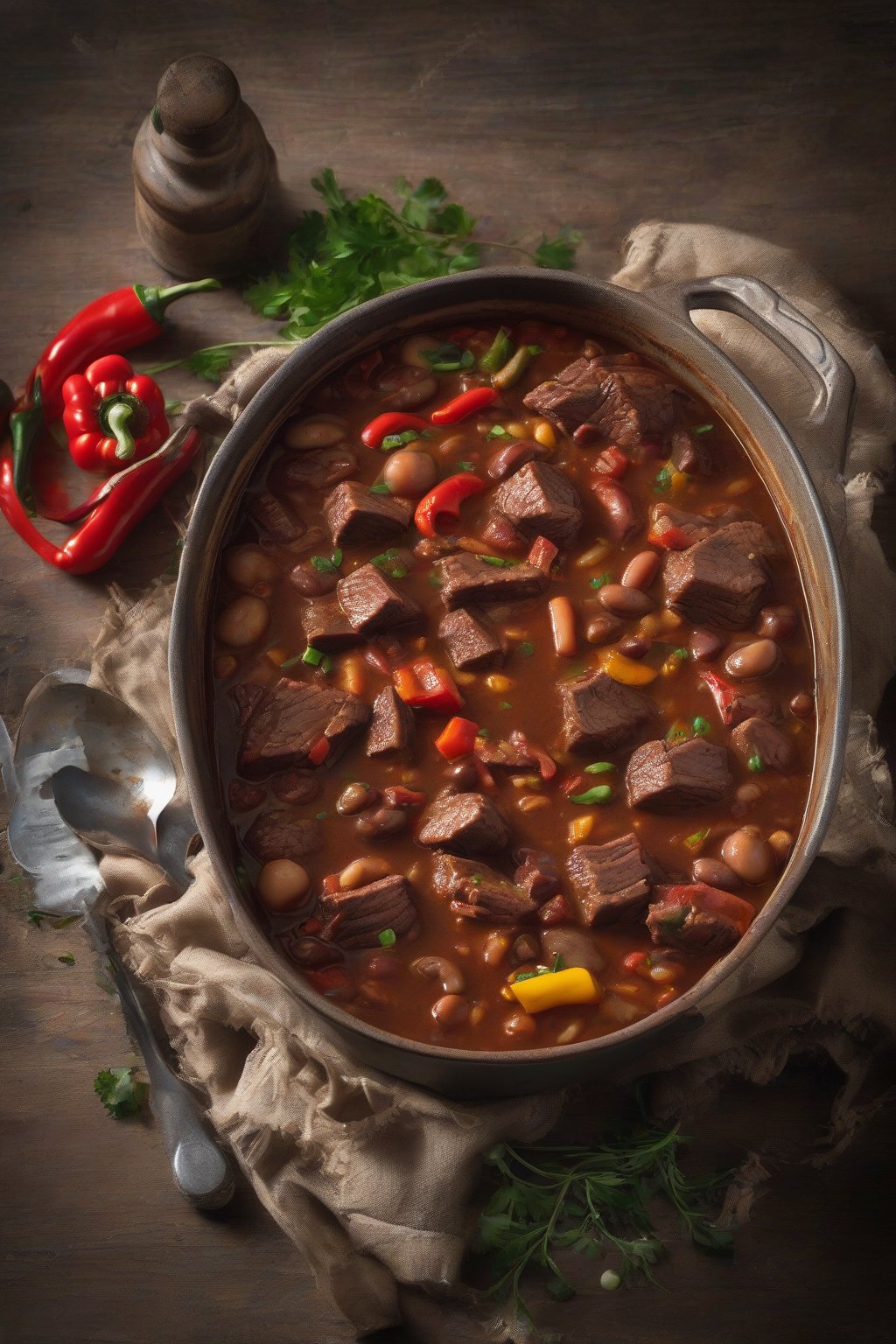 A high-resolution photo of smoky BBQ beef stew with beans and peppers, under soft lighting.