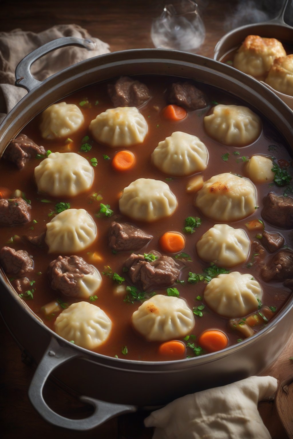 A high-resolution photo of beef stew topped with fluffy dumplings in a steaming pot, under soft lighting.